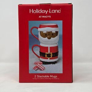 HOLIDAY LANE MACYS CHRISTMAS BLACK AFRICAN AMERICAN SANTA 2 STACKABLE MUGS NEW